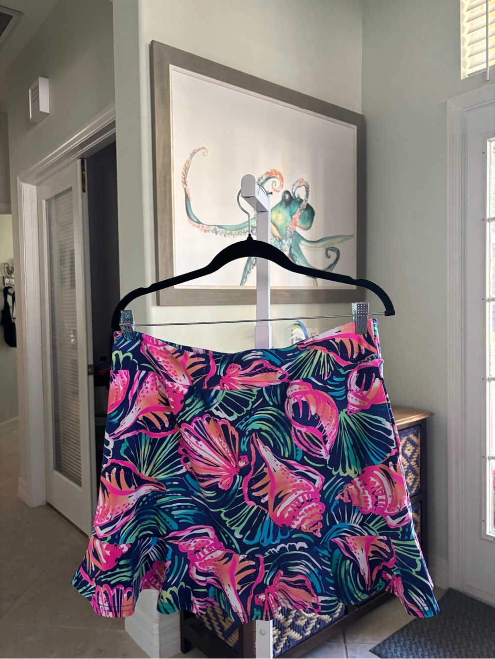 #094 Aryeh Navy Shell-Print Mini Skort with Pink and Green Accents. SPF